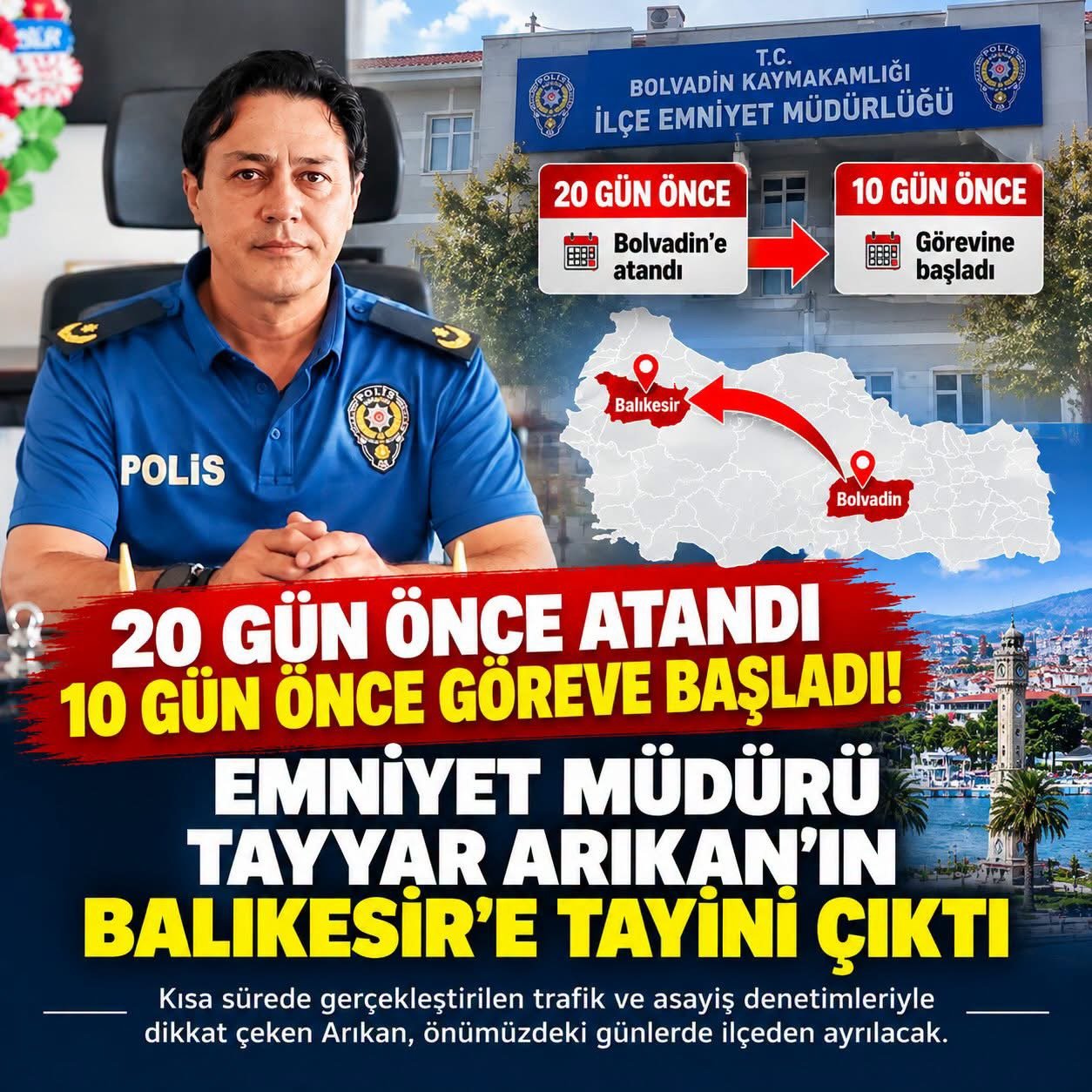 BOLVADİN İLÇE EMNİYET MÜDÜRÜ TAYYAR ARIKAN’A JET HIZIYLA TAYİN