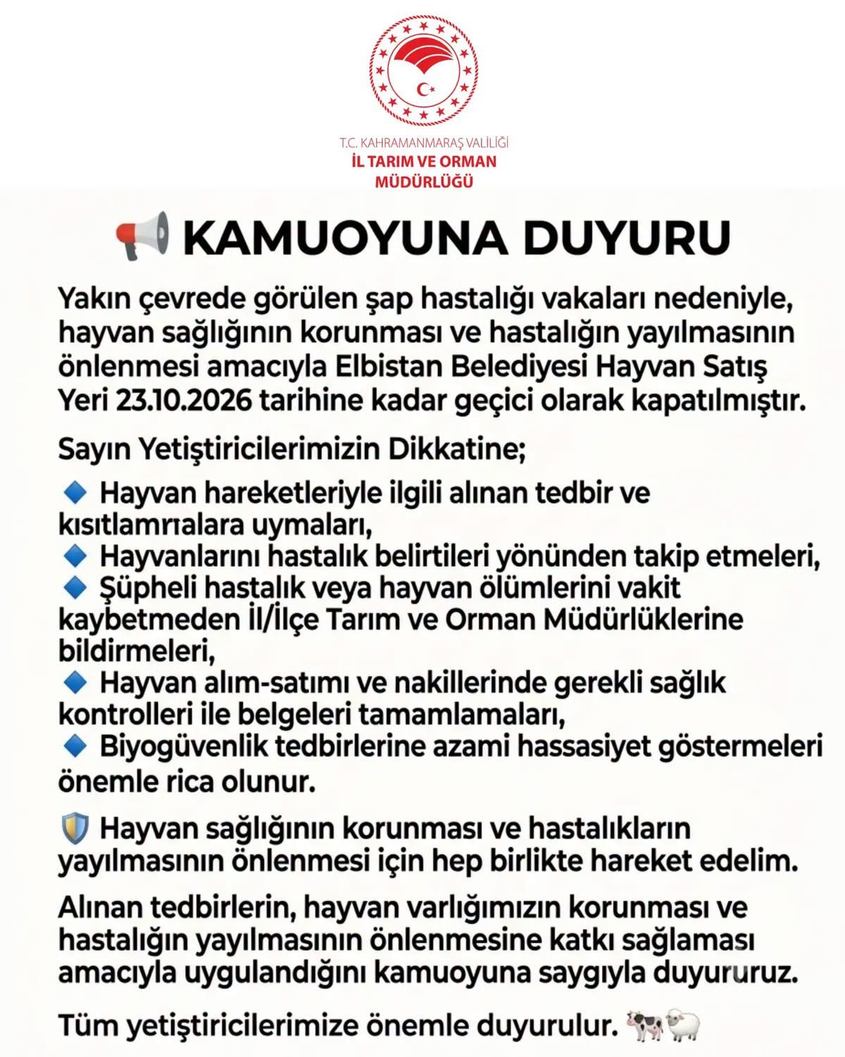 ELBİSTAN’DA ŞAP HASTALIĞI ALARMI: HAYVAN PAZARI GEÇİCİ OLARAK KAPATILDI