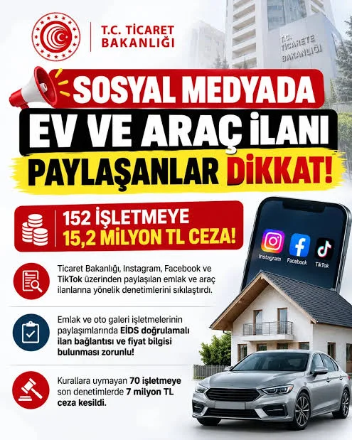 TİCARET BAKANLIĞI SOSYAL MEDYA ÜZERİNDEN YAPILAN TAŞINMAZ VE TAŞIT SATIŞLARINDA FİYAT BİLGİSİNİ GİZLEYENLERE GÖZ AÇTIRMIYOR