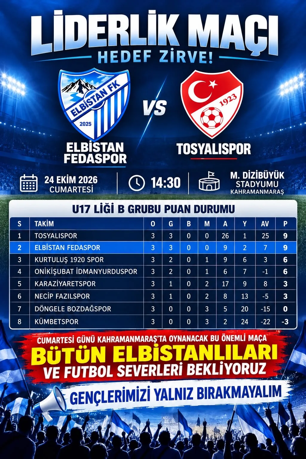 ELBİSTAN FK LİDERLİK MAÇINA ÇIKIYOR: HEDEF MUTLAK GALİBİYET!